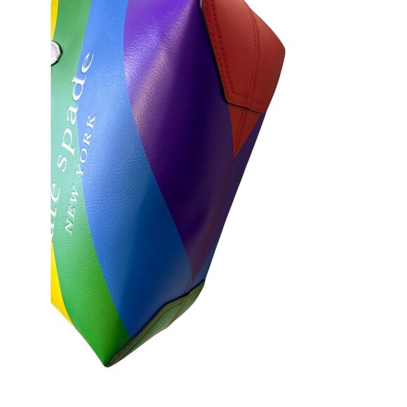 Kate Spade New York Rainbow Striped Leather Tote Bag With Red & White Handles - Picture 7 of 10